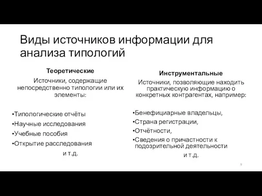 Виды источников информации для анализа типологий Теоретические Источники, содержащие непосредственно типологии или