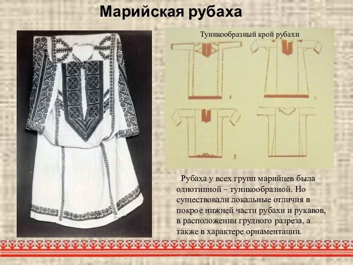 Марийская рубаха Рубаха у всех групп марийцев была однотипной – туникообразной. Но
