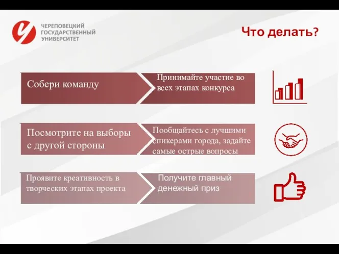 Что делать? Собери команду Принимайте участие во всех этапах конкурса Посмотрите на