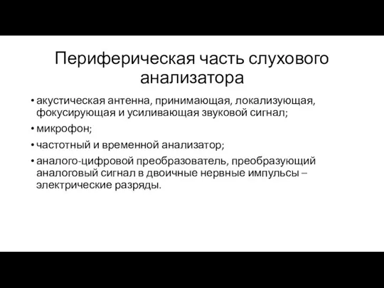 Периферическая часть слухового анализатора акустическая антенна, принимающая, локализующая, фокусирующая и усиливающая звуковой