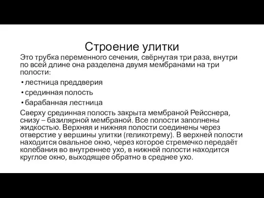 Строение улитки Это трубка переменного сечения, свёрнутая три раза, внутри по всей