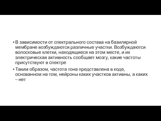 В зависимости от спектрального состава на базилярной мембране возбуждаются различные участки. Возбуждаются