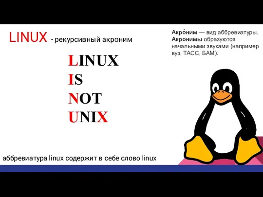 LINUX - рекурсивный акроним Акро́ним — вид аббревиатуры. Акронимы образуются начальными звуками