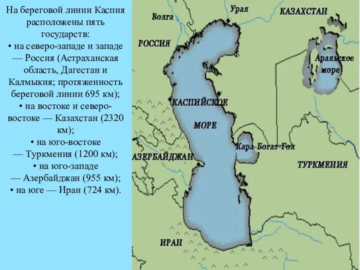 На береговой линии Каспия расположены пять государств: • на северо-западе и западе