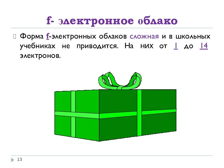 f- электронное облако Форма f-электронных облаков сложная и в школьных учебниках не