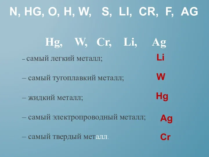 N, HG, O, H, W, S, LI, СR, F, AG Hg, W,