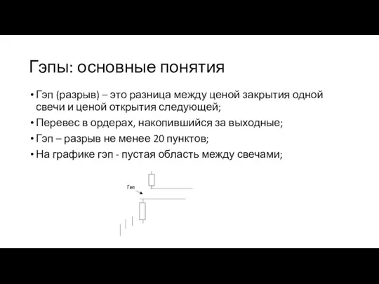 Гэпы: основные понятия Гэп (разрыв) – это разница между ценой закрытия одной