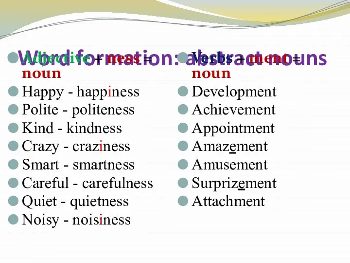 Word formation: abstract nouns Adjective + ness = noun Happy - happiness