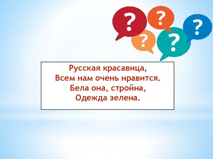 Русская красавица, Всем нам очень нравится. Бела она, стройна, Одежда зелена.