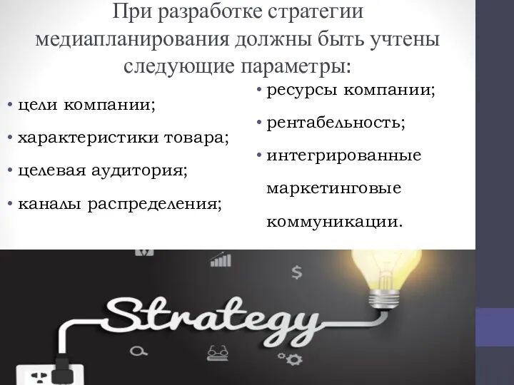 При разработке стратегии медиапланирования должны быть учтены следующие параметры: цели компании; характеристики