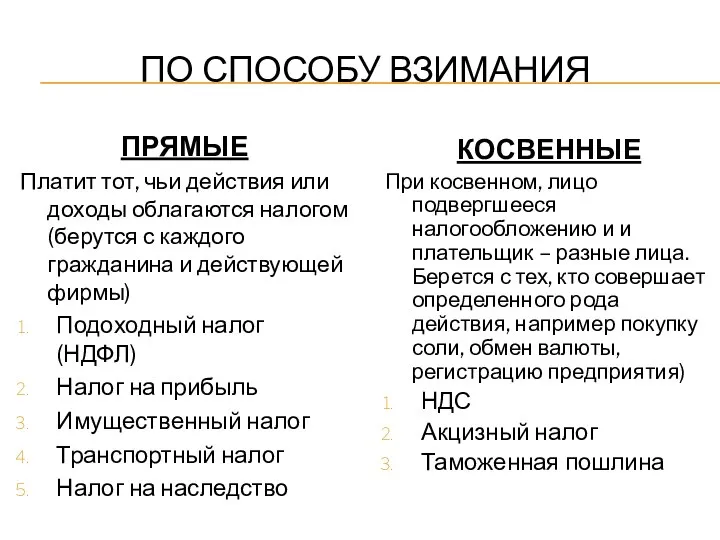 ПО СПОСОБУ ВЗИМАНИЯ ПРЯМЫЕ Платит тот, чьи действия или доходы облагаются налогом