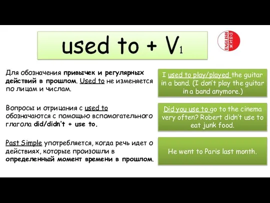 Для обозначения привычек и регулярных действий в прошлом. Used to не изменяется