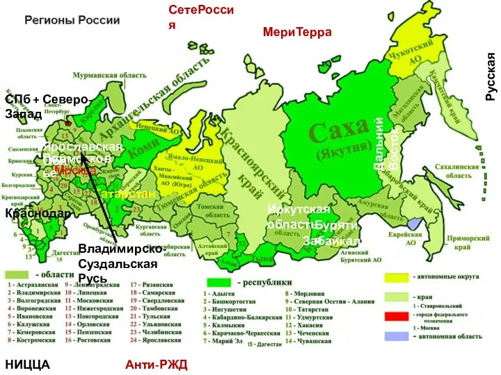 Москва Татарстан Подмосковье Ярославская Обл Владимирско-Суздальская Русь СПб + Северо-Запад Краснодар Дальний