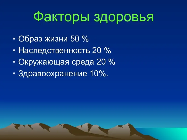 Факторы здоровья Образ жизни 50 % Наследственность 20 % Окружающая среда 20 % Здравоохранение 10%.