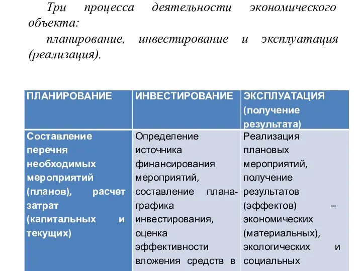 Три процесса деятельности экономического объекта: планирование, инвестирование и эксплуатация (реализация).