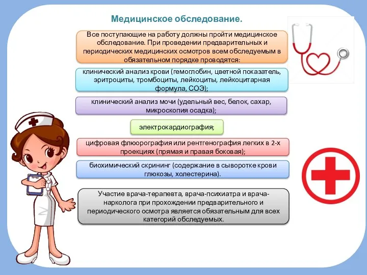 Медицинское обследование. Все поступающие на работу должны пройти медицинское обследование. При проведении