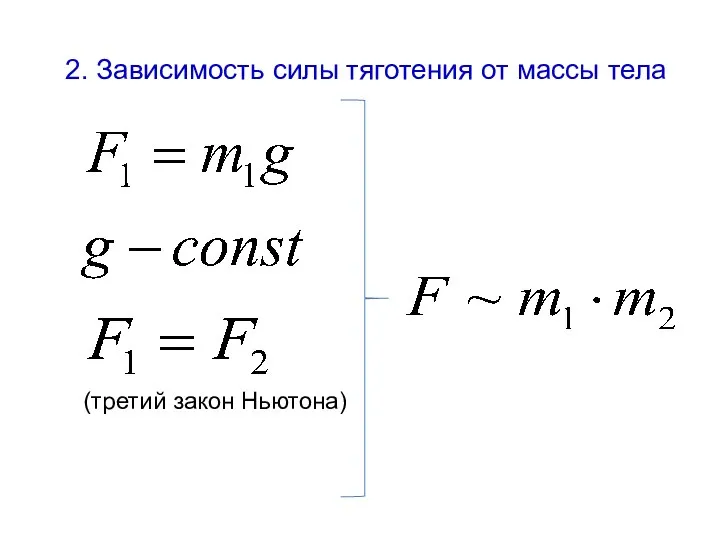 (третий закон Ньютона) 2. Зависимость силы тяготения от массы тела