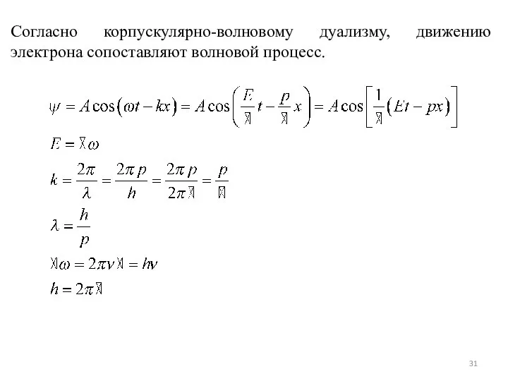 Согласно корпускулярно-волновому дуализму, движению электрона сопоставляют волновой процесс.