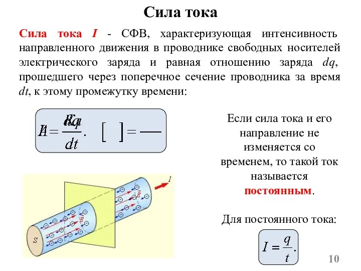 Сила тока I - СФВ, характеризующая интенсивность направленного движения в проводнике свободных