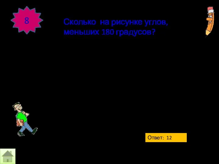 8 Сколько на рисунке углов, меньших 180 градусов? Ответ: 12 углов