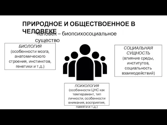 ПРИРОДНОЕ И ОБЩЕСТВОЕННОЕ В ЧЕЛОВЕКЕ Человек – биопсихосоциальное существо БИОЛОГИЯ (особенности мозга,