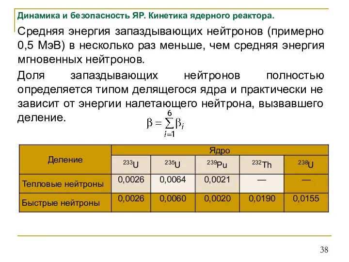 Динамика и безопасность ЯР. Кинетика ядерного реактора. Средняя энергия запаздывающих нейтронов (примерно