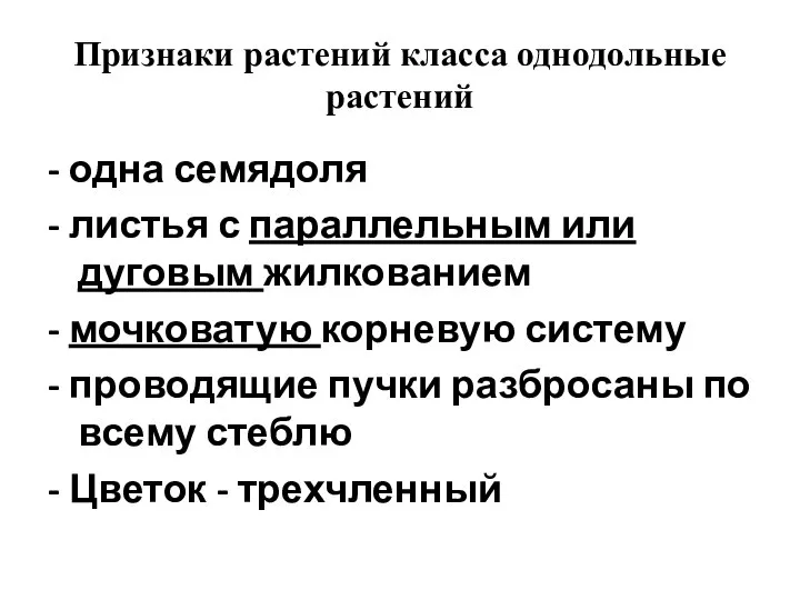 Признаки растений класса однодольные растений - одна семядоля - листья с параллельным