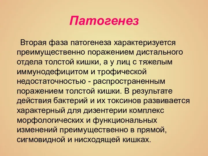 Патогенез Вторая фаза патогенеза характеризуется преимущественно поражением дистального отдела толстой кишки, а