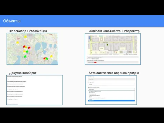 Объекты Тепловизор + геолокация Интерактивная карта + Росреестр Документооборот Автоматическая воронка продаж