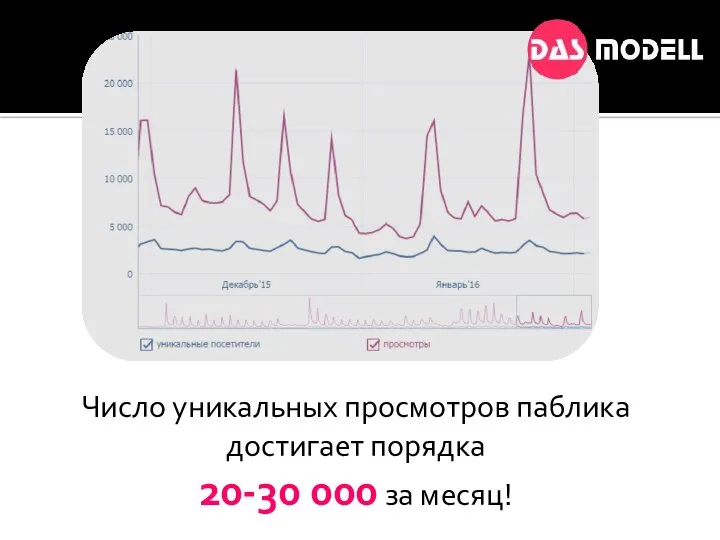 Число уникальных просмотров паблика достигает порядка 20-30 000 за месяц!