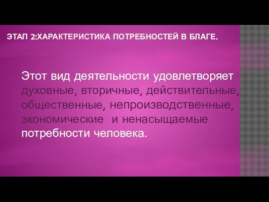 ЭТАП 2:ХАРАКТЕРИСТИКА ПОТРЕБНОСТЕЙ В БЛАГЕ. Этот вид деятельности удовлетворяет духовные, вторичные, действительные,