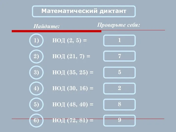 Математический диктант Найдите: НОД (2, 5) = Проверьте себя: 1 1) 7