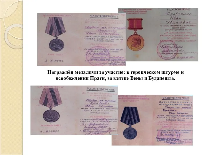 Награждён медалями за участие: в героическом штурме и освобождении Праги, за взятие Вены и Будапешта.
