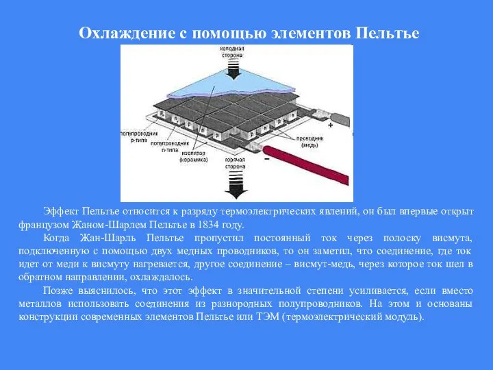 Охлаждение с помощью элементов Пельтье Эффект Пельтье относится к разряду термоэлектрических явлений,