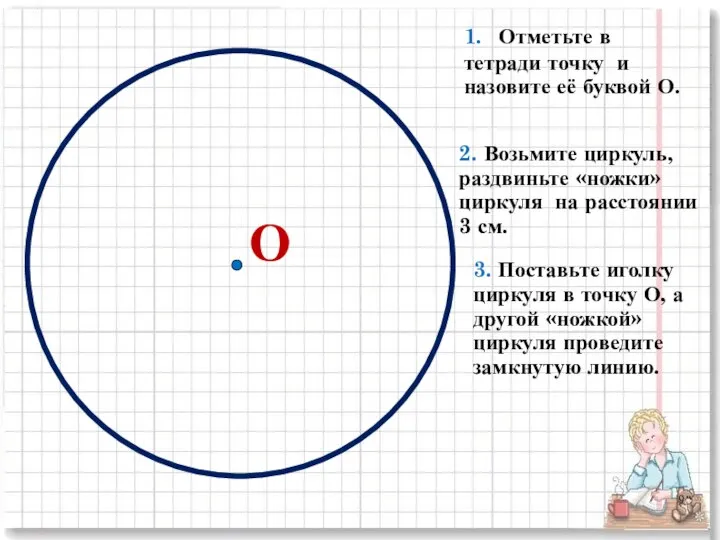 О 1. Отметьте в тетради точку и назовите её буквой О. 2.