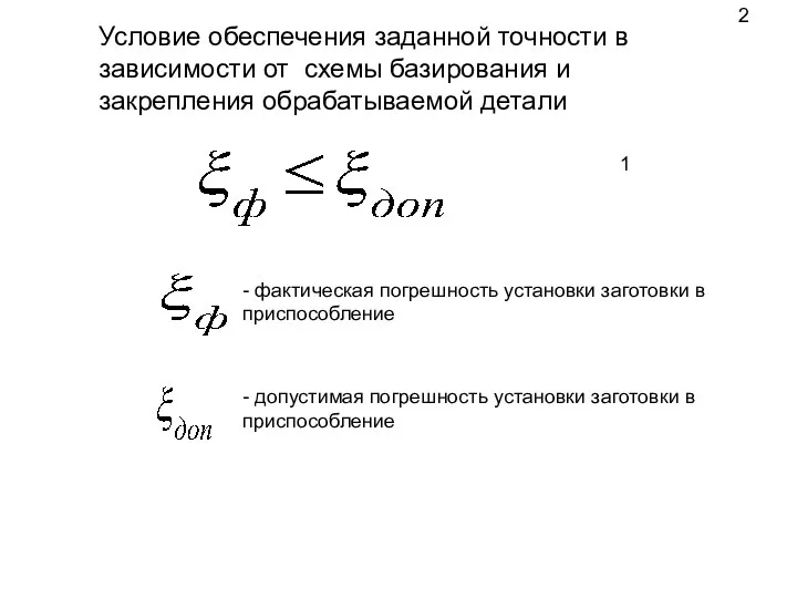 Условие обеспечения заданной точности в зависимости от схемы базирования и закрепления обрабатываемой