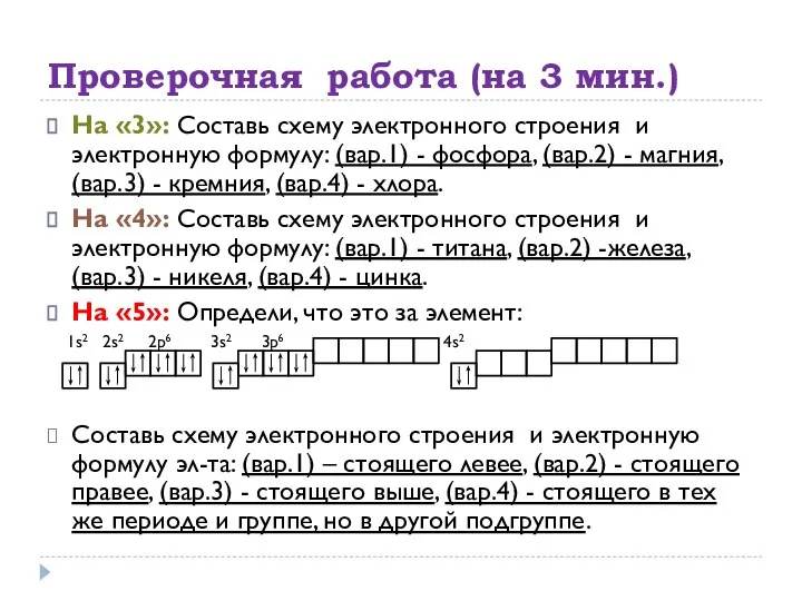 Проверочная работа (на 3 мин.) На «3»: Составь схему электронного строения и