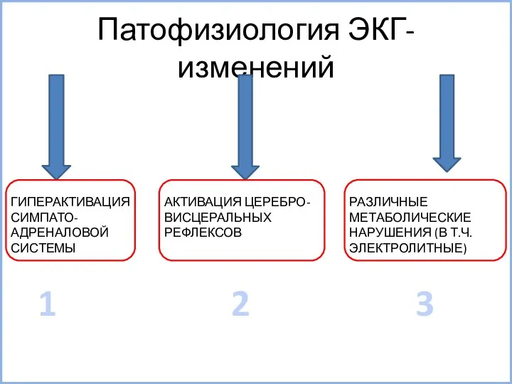 Патофизиология ЭКГ-изменений ГИПЕРАКТИВАЦИЯ СИМПАТО-АДРЕНАЛОВОЙ СИСТЕМЫ АКТИВАЦИЯ ЦЕРЕБРО-ВИСЦЕРАЛЬНЫХ РЕФЛЕКСОВ РАЗЛИЧНЫЕ МЕТАБОЛИЧЕСКИЕ НАРУШЕНИЯ (В