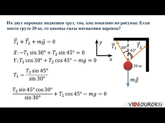 На двух веревках подвешен груз, так, как показано на рисунке. Если масса