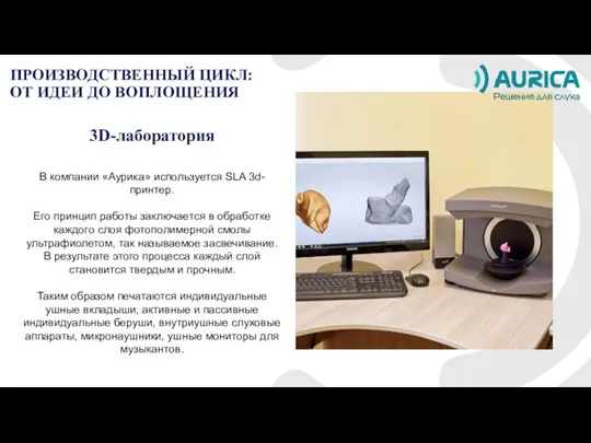 В компании «Аурика» используется SLA 3d-принтер. Его принцип работы заключается в обработке