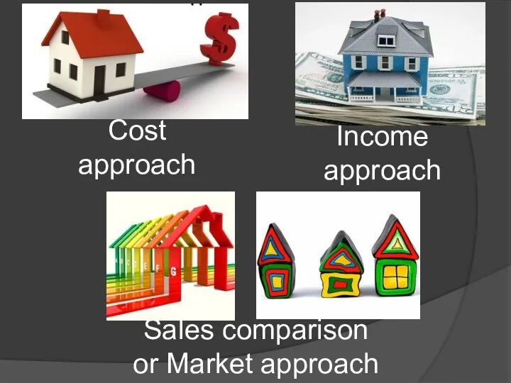 Cost approach Sales comparison or Market approach Income approach