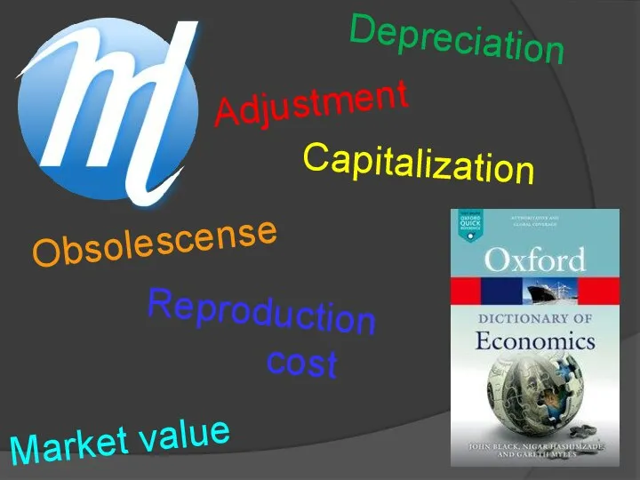 Market value Depreciation Reproduction cost Adjustment Capitalization Obsolescense