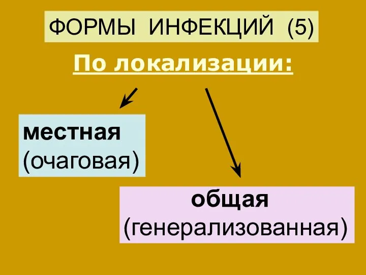 ФОРМЫ ИНФЕКЦИЙ (5) По локализации: местная (очаговая) общая (генерализованная)