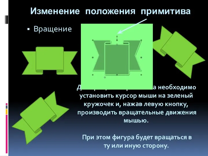 Изменение положения примитива Вращение . Для вращения примитива необходимо установить курсор мыши