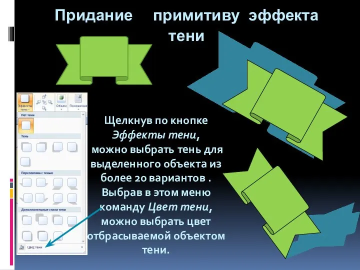 Придание примитиву эффекта тени Щелкнув по кнопке Эффекты тени, можно выбрать тень