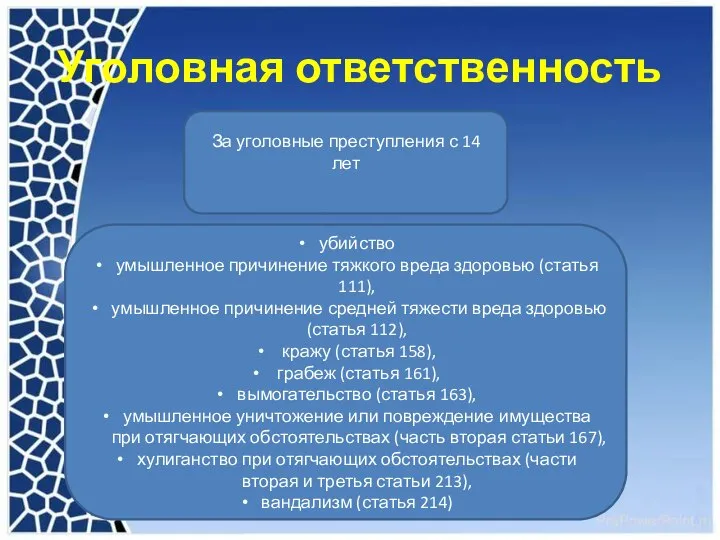 Уголовная ответственность За уголовные преступления с 14 лет убийство умышленное причинение тяжкого