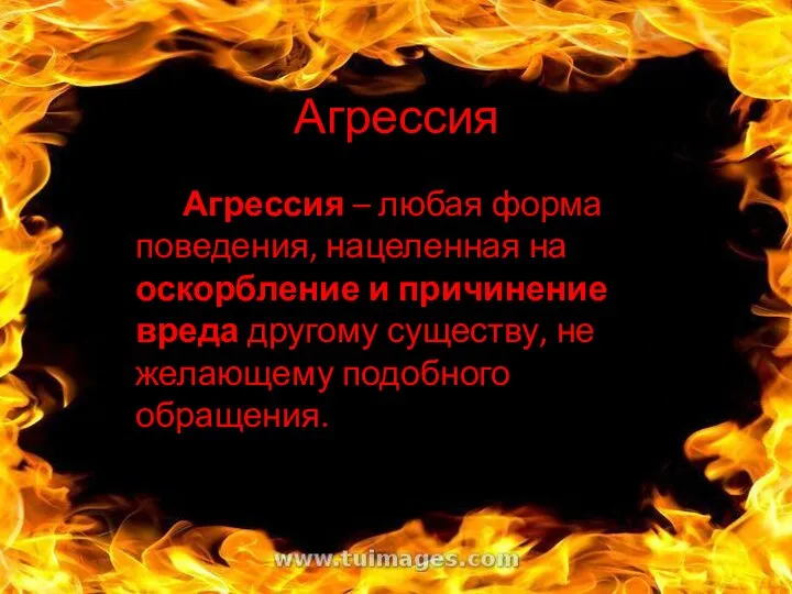 Агрессия Агрессия – любая форма поведения, нацеленная на оскорбление и причинение вреда