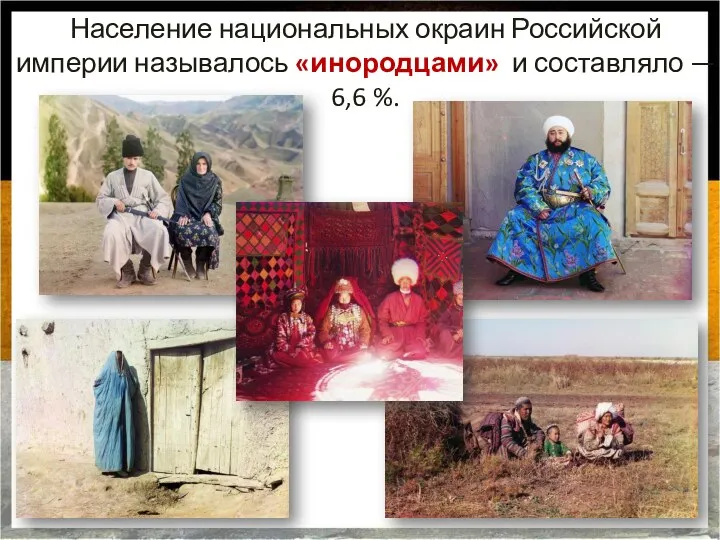 Население национальных окраин Российской империи называлось «инородцами» и составляло — 6,6 %.