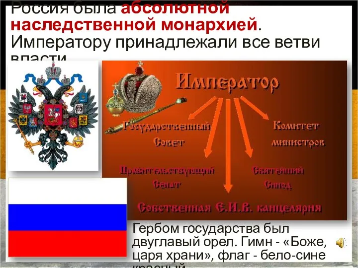 Россия была абсолютной наследственной монархией. Императору принадлежали все ветви власти. Гербом государства