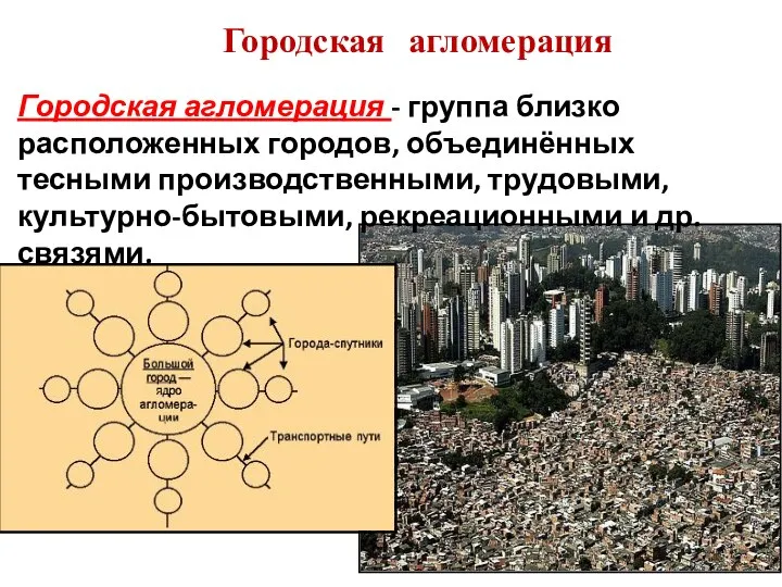 Городская агломерация Городская агломерация - группа близко расположенных городов, объединённых тесными производственными,